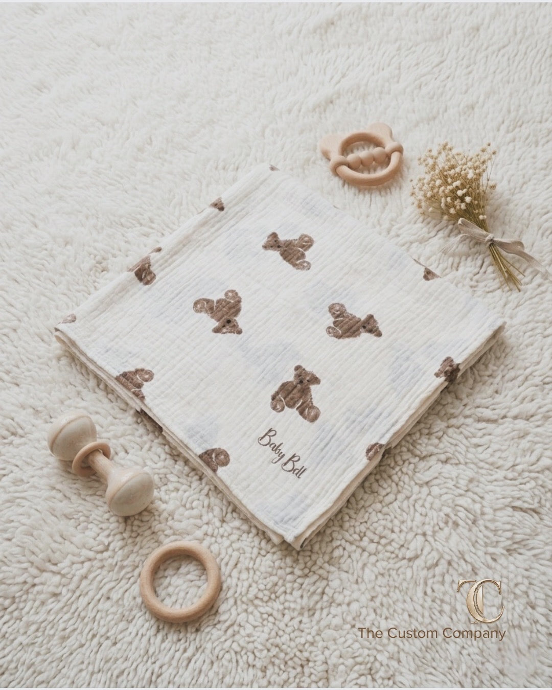 Personalised Teddy print cotton muslin blanket