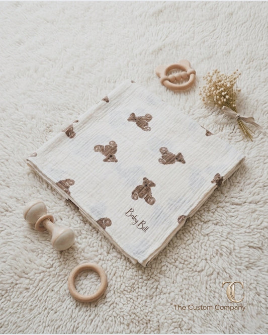Personalised Teddy print cotton muslin blanket