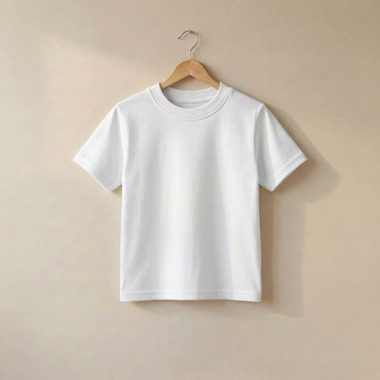 A plain white short-sleeve crewneck T-shirt hanging on a wooden hanger against a warm beige wall.