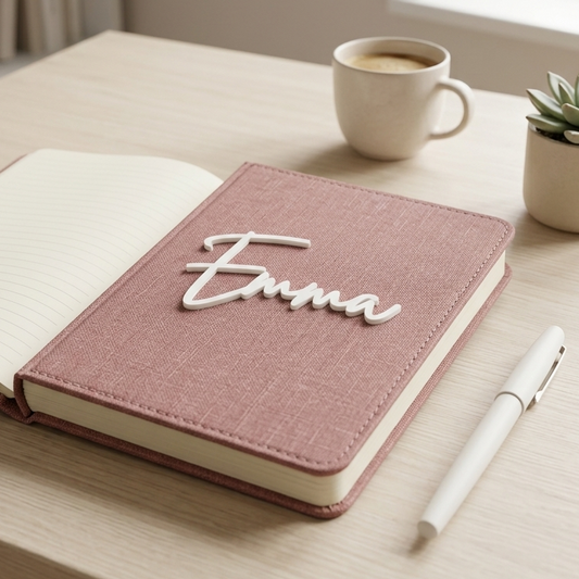 A pink textured hardcover notebook with the acrylic nameplate  'Emma'