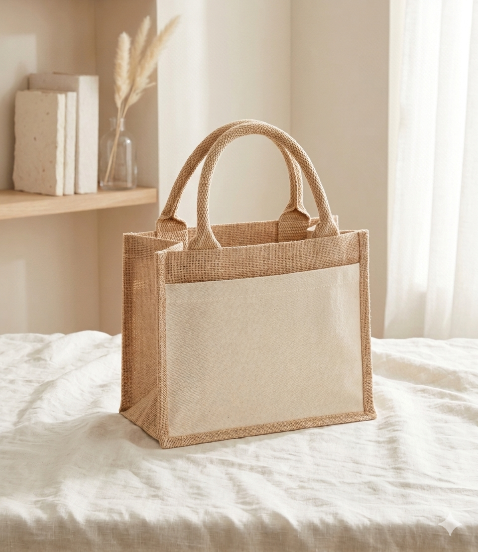 Premium lifestyle shot of a structured natural jute tote bag with a blank cream canvas front pocket, resting on neutral textured linen in a bright, sunlit room.