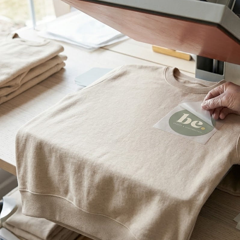 A beige crewneck sweatshirt is being transferred with a heat press machine. A person's gloved hands are placing a circular green and white graphic sticker onto the chest of the sweatshirt, which is laid flat on a wooden table in a bright workspace.