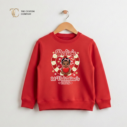 Personalised Red sweatshirt with a baby and 'Dalia's 1st Valentine's 2026' 