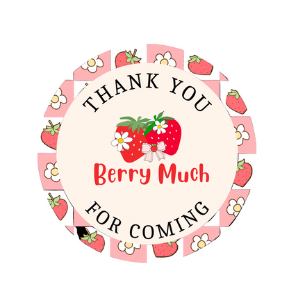 Circular sticker with strawberries and flowers, featuring the text 'Thank you berry much for coming'.