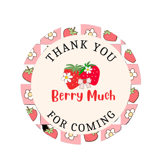 Circular sticker with strawberries and flowers, featuring the text 'Thank you berry much for coming'.