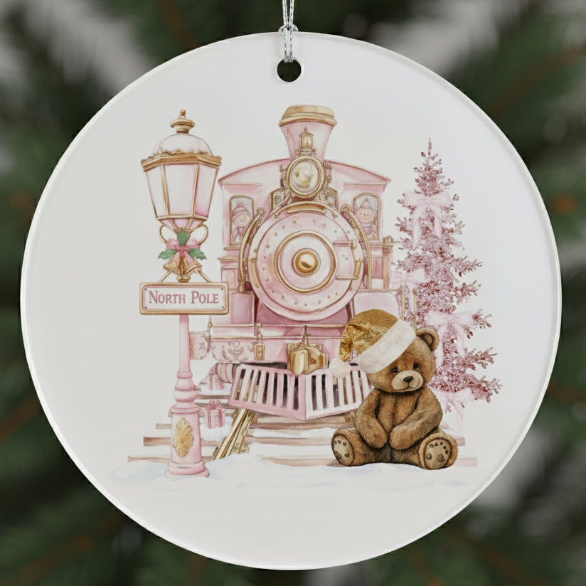Custom Christmas ornament with teddy bear and express train design