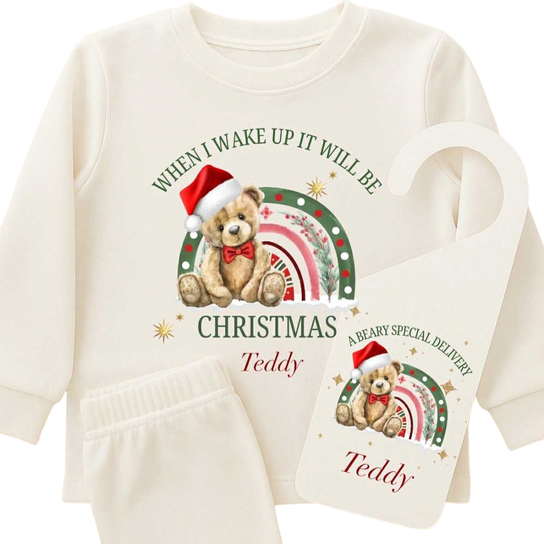 Personalised Pyjamas & Door Hanger When Wake Up Teddy Bear  - Christmas Bundle Set