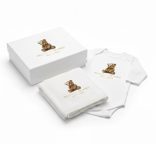 Baby gift set teddy bear design by the Custom Company UK