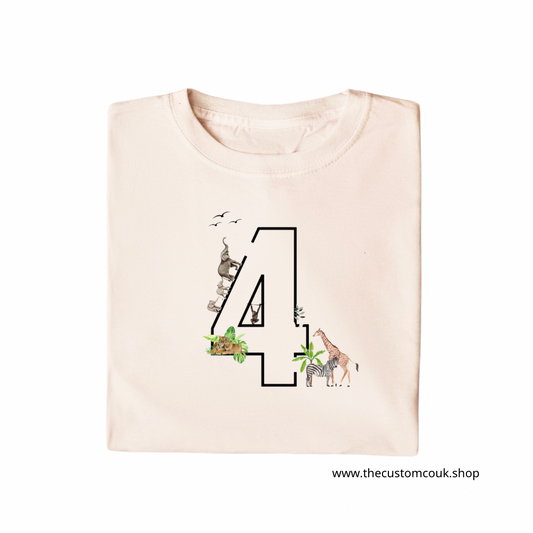 Personalised Children’s Birthday Number T-Shirt - Safari Animals Design