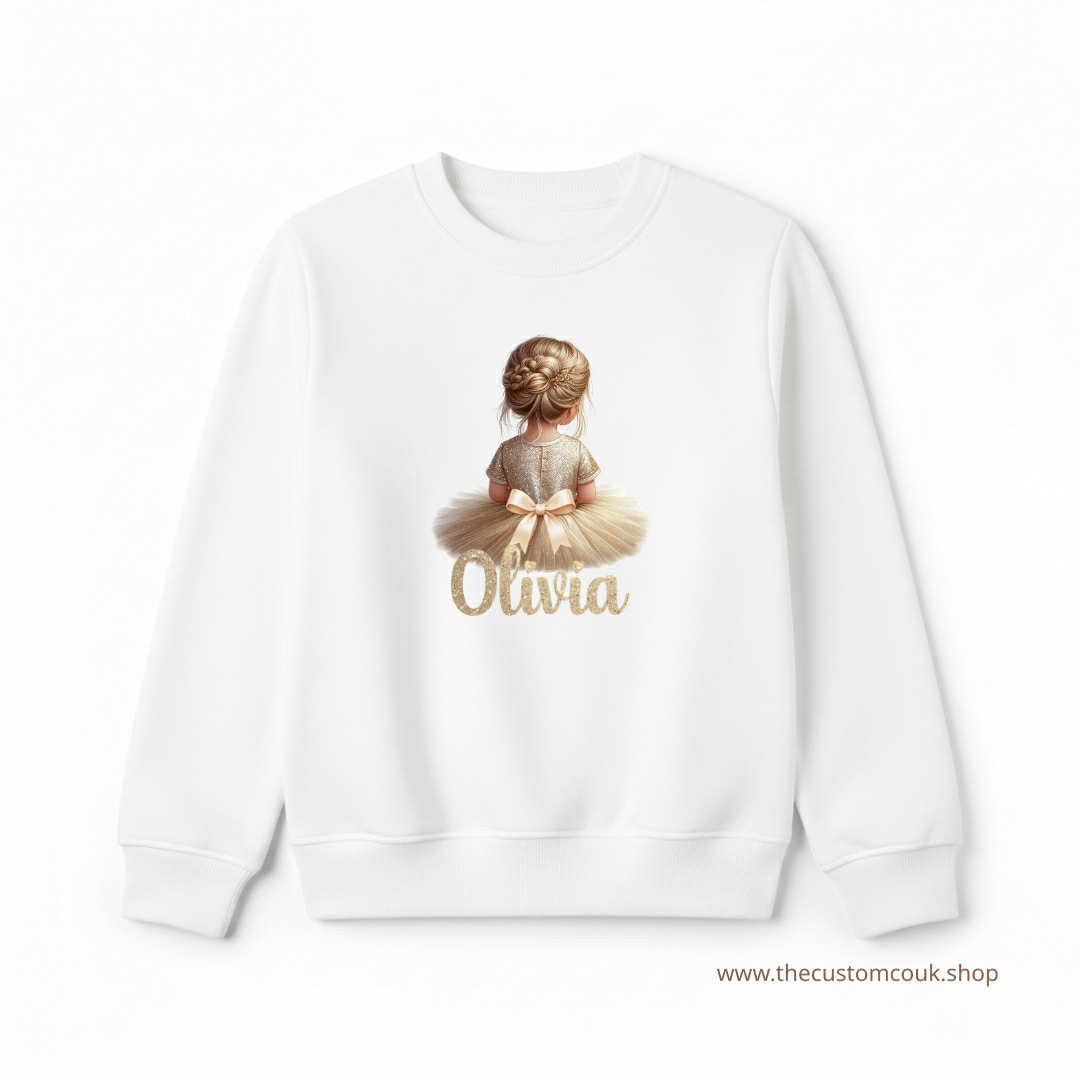 Personalised Girls Christmas Gold Tutu Design Sweatshirt – White