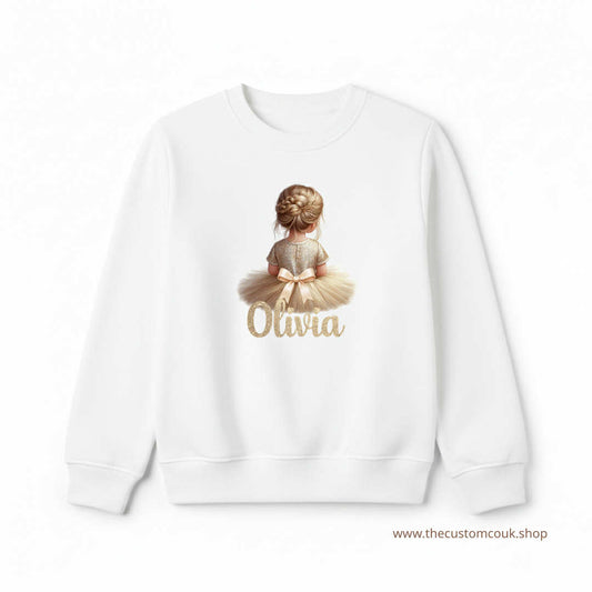 Personalised Girls Christmas Gold Tutu Design Sweatshirt – White