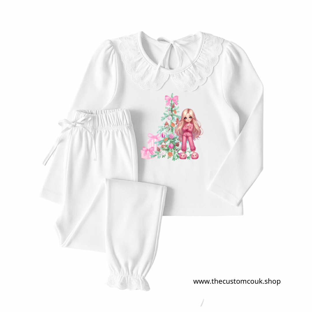 Girls Christmas White Frilled Pyjamas – Girly Glam Design
