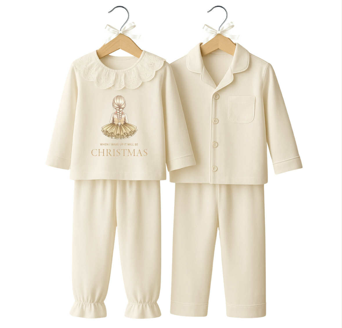 Children's cream pajama set with a Christmas design on a white background
