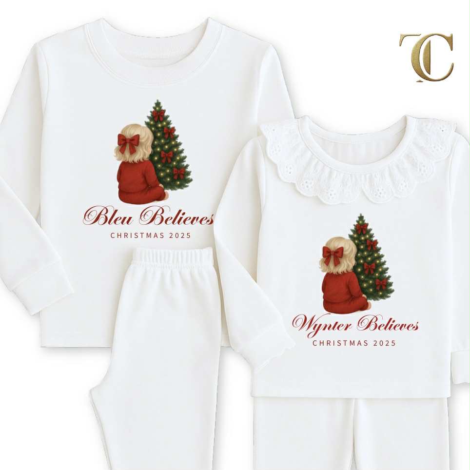 Personalised Girly Christmas Pyjamas – “Believes” Design | Frilly or Classic