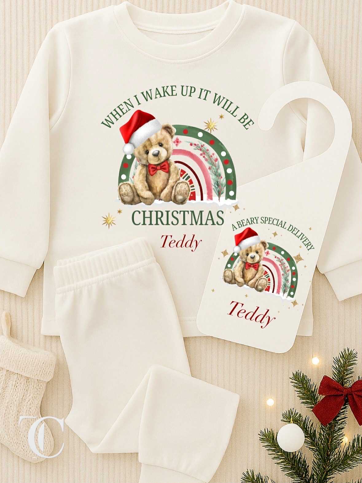 Personalised Pyjamas & Door Hanger When Wake Up Teddy Bear  - Christmas Bundle Set