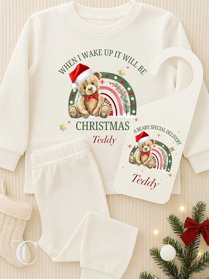 Personalised Pyjamas & Door Hanger When Wake Up Teddy Bear  - Christmas Bundle Set