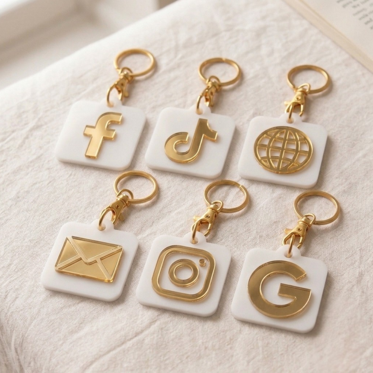 Bespoke acrylic QR keyring with gold mirror acrylic social media icon