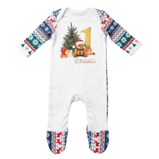 Christmas-themed baby onesie with colorful sleeves and bottom, featuring a tree and teddy bear design.
