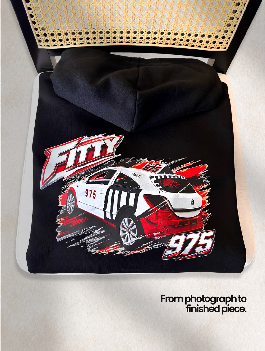 Custom banger racing car hoodie with bespoke motorsport graphic and race number