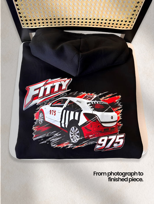 Custom banger racing car hoodie with bespoke motorsport graphic and race number