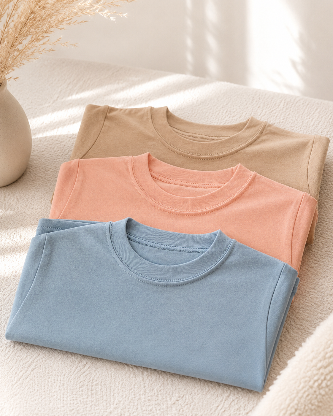 Three folded short-sleeve crewneck T-shirts in light blue, peach pink, and beige, arranged on a textured cream fabric surface with soft natural shadows and a vase of dried grass in the corner.