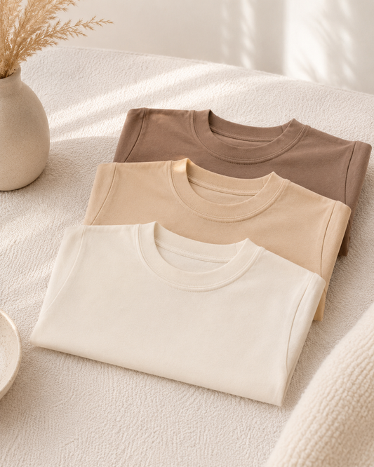 Three folded crew-neck T-shirts in cream, beige, and taupe brown, arranged diagonally on a textured cream fabric surface with a neutral vase and dried grass as props.